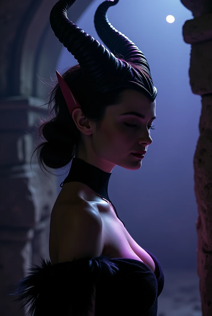 A stunning profile portrait of Maleficent, aged girl emphasis on her horns, purple highlights, purple reflected light, in the nudeung and beautiful, hyper realistic, real portrait, backlit, exquisite features, cleavageseductive,natural light, soft light, location is the interior of a dungeon, green light, eerie, purple highlights:1.4, she is smirking, she is busty, her chin is d, looking down at viewer, low angle shot, exquisite features, exotic, high cheekbones, (((show her full horns)))