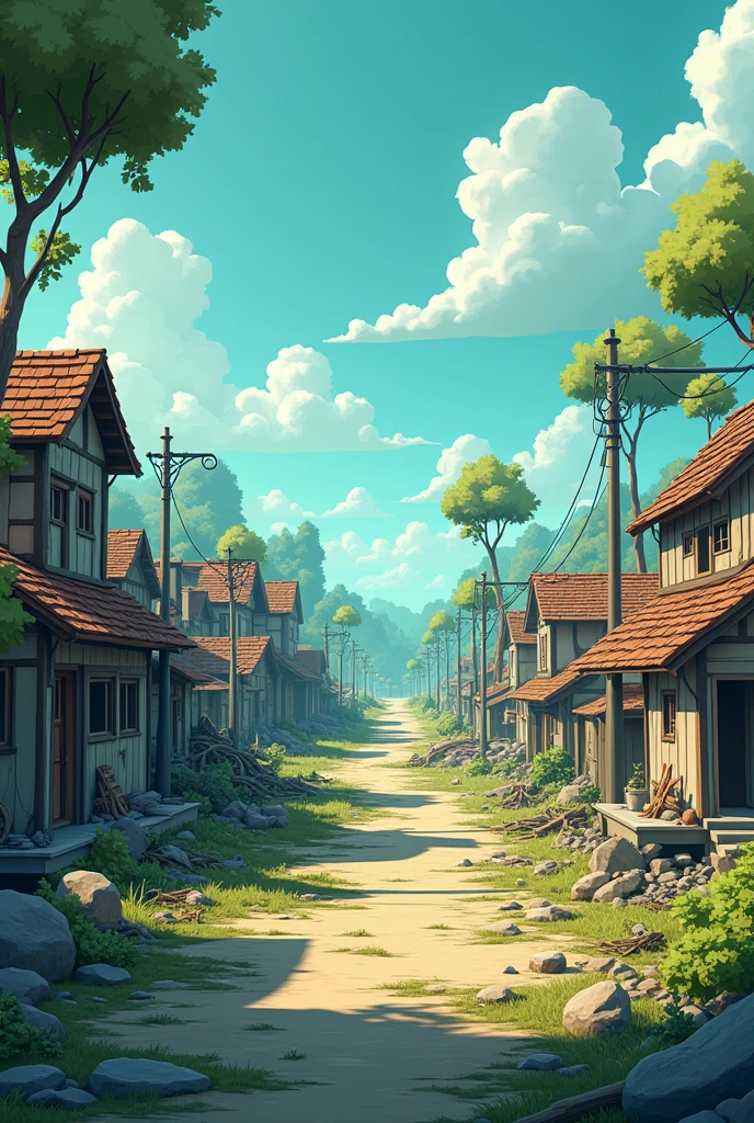 3D cartoon animation style.Aftermath of the Storm: The village in the aftermath of the storm, with a focus on the barren landscape and the desolate mood.