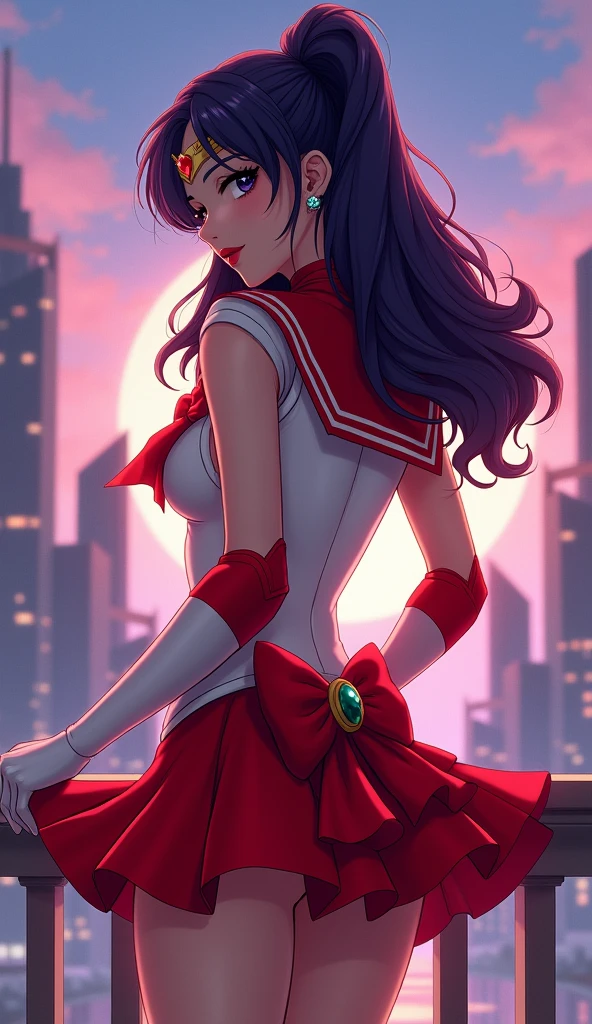 (rear view, backside view), Sailor Mars in a sexy outfit standing in front of a city,Her hair is dark purple, Her tiara is V-shaped with a red jewel. Her earrings are 6-pointed stars, His sailor collar is red with 3 white lines, Her brooch is red, His front brooch is purple and his shirt is white with white shoulder pads with a white line at the waist.. In the middle there is a red jewel with gold edges., His gloves are below his elbows and his color is white with the top part red., Her skirt and back bow are red, seductive anime girl, extremely detailed Artgerm, Ilya Kuvshinov. 4 k, style artgerm, Marin Kitagawa Fanart, Ilya Kuvshinov and artgerm, made with  painter studio, beautiful alluring woman, sakimichan frank franzzeta, high quality, (raw photo, best quality), (realistic, Photorealistic: 1.4), (extremely delicate and Beautiful: 1.4), Amazing, fine details, masterpiece, Ultra detailed, high resolution, best illustration, best shadow, intricate, ( extremely intricate: 1.2), (exquisitely detailed skin), cinematic light, Perfect anatomy, (cool color: 1.4), Sharp focus, 8K UHD, DSLR, (Fujifilm XT3),(Sailor Mars:1.4),( sailor moon Mars:1.4), (skirt lifted by itself: 1.1), (skirt lift: 1.3), (showing blue panties: 1.3),( cinematic lighting :1.4),( She has a beautiful ass :1.4), (background cave cavern large stones :1.4),( She has a beautiful pear-shaped ass :1.4), (skirt lifted showing panties :1.4), (camera focused from below :1.4) 