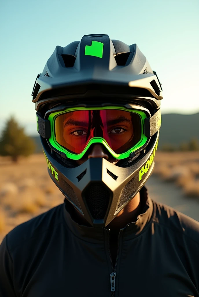 A selfie of a dark-skinned man wearing a black motocross helmet with green accents , polarized motocross glasses . The helmet, The glasses completely cover his face and nose.. The scene takes place outdoors, under natural daylight, with an open landscape in the background showing distant trees and hills