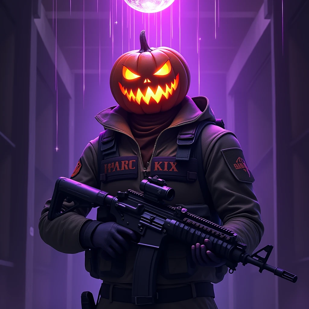 Character wearing a jack-o'-lantern on his head、Equipped with a tactical jacket and rifle、Purple light is pouring down from the mirror ball above.、The jacket says HAGUKIX