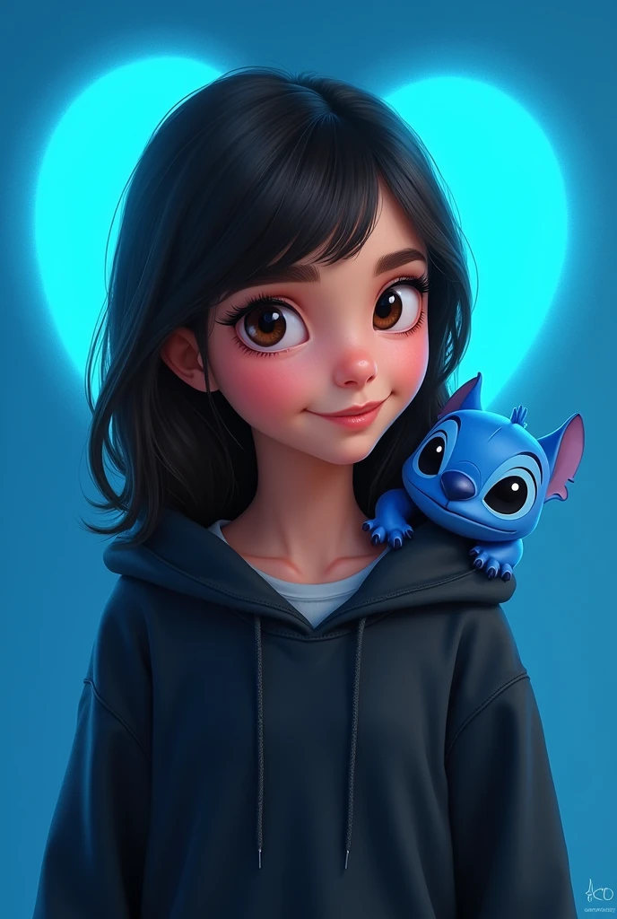 Disney image of a girl wearing a black hooded sweatshirt , straight hair, large eyes, a corgro collar,small blue azon , bright blue heart background