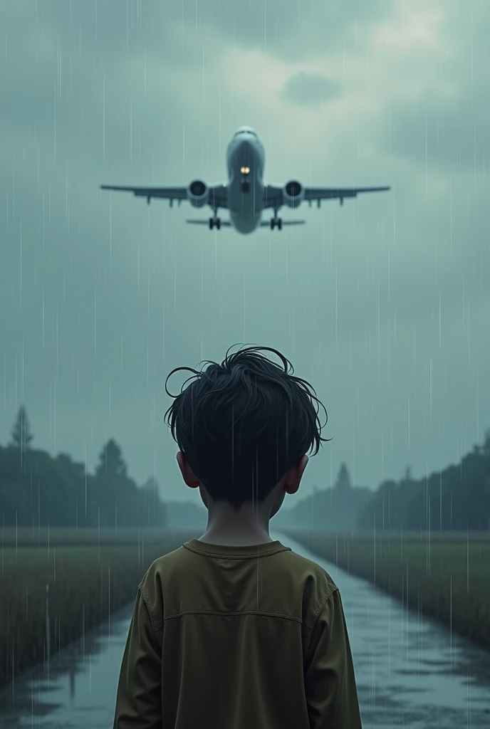 Realistic boy from backside in rainy weather and a plane