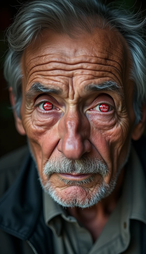 "A close-up of a person’s eyes of old man, showing signs of fatigue and tiredness, with Coca-Cola cans reflected."