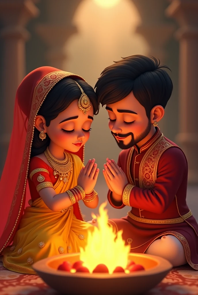 Young couple sitting in pooja in front of a pyre. Bride yellow saree with red veil. Eyes closed. Gold jewellery. Heavy makeup eyes closed hands in prayer. Groom in maroon kurta slight beard eyes closed. Bride slightly chubby and with dimples. Bith young looking . In devotion. Slightly sharp features. Make groom more younger and lively. Make pixar vharacters cartoonish. Eyes closed. No jewellery on groom. They are happy