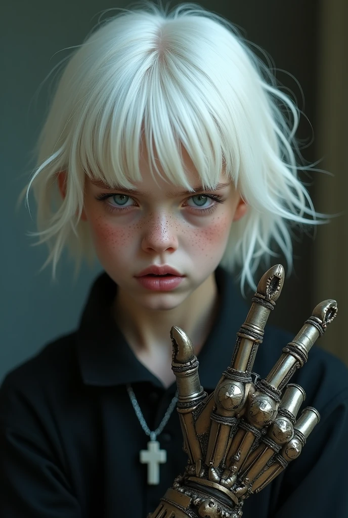 Middle-aged albino teenager with a cheerful sarcastic look and white hair violet eyes soft freckles, you came in black with a cross necklace and a mechanical hand with steampunk technology