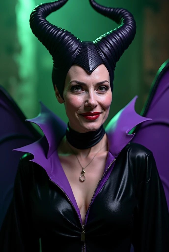 A stunning portrait of Maleficent as a mature woman in her late 50s, emphasis on her horns, purple highlights, purple reflected light, in the nude, young and beautiful, hyper realistic, real portrait, backlit, exquisite features, cleavage, sexy, seductive, unnatural light, soft light, location is the interior of a dungeon, green light, eerie, purple highlights:1.4, she is smirking, she is busty, her chin is raised, looking down at viewer, low angle shot, exquisite features, exotic, high cheekbones, show her full horns