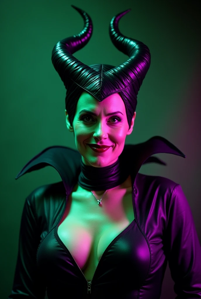 A stunning portrait of Maleficent as a mature woman in her late 50s, emphasis on her horns, purple highlights, purple reflected light, in the nude, young and beautiful, hyper realistic, real portrait, backlit, exquisite features, cleavage, sexy, seductive, unnatural light, soft light, location is the interior of a dungeon, green light, eerie, purple highlights:1.4, she is smirking, she is busty, her chin is raised, looking down at viewer, low angle shot, exquisite features, exotic, high cheekbones, show her full horns