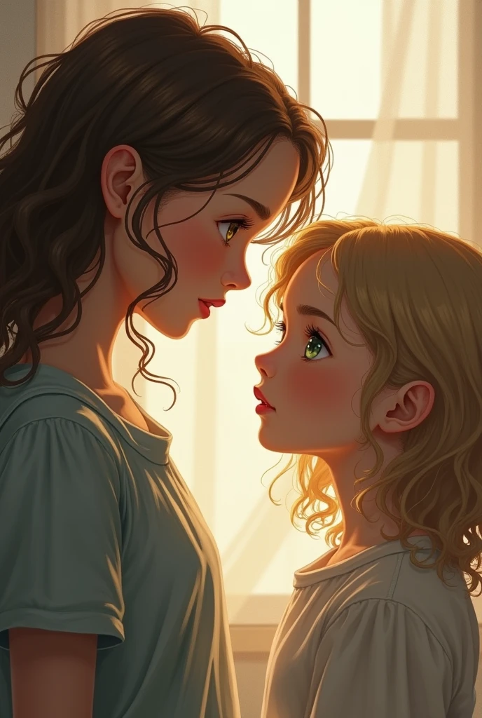 twogirls, a tall, brown one, with light brown curly hair and brown eyes, and another short one with wavy dark blonde hair, com olhos verdes claros
