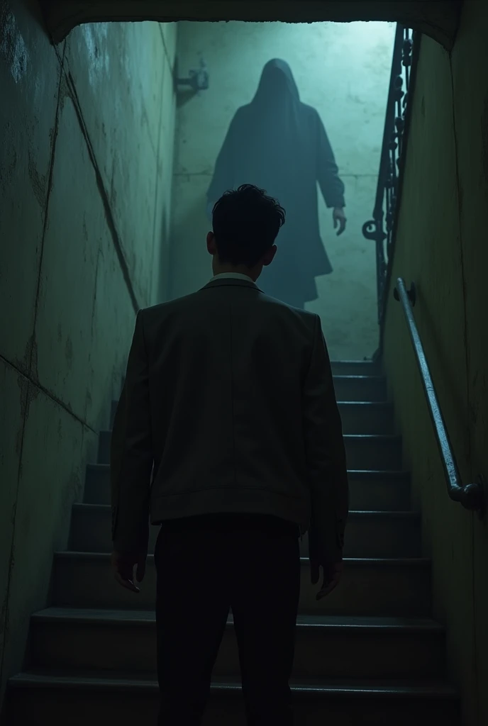 A modern Japanese man in his early 30s,now stands at the top of the basement stairs, looking down with a fearful expression. The staircase is dimly lit, and at the bottom, the shadowy figure from the photograph seems to be slowly materializing. The atmosphere is thick with tension and fear