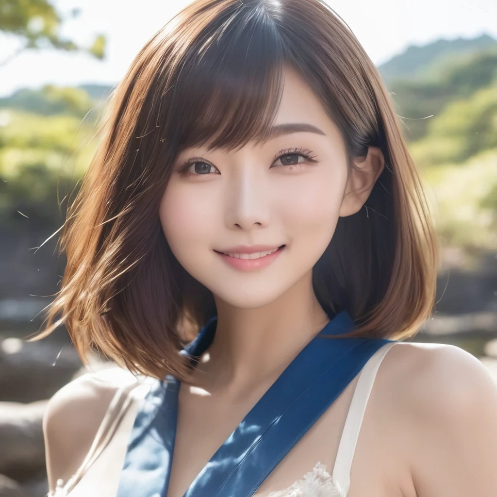 (masterpiece, Highest quality:1.2), One person, alone 2 Short Bob Fair skin cute Large Breasts lip Natural Color smile lover Sandy Beach Japanese model Dating Sexy kitten