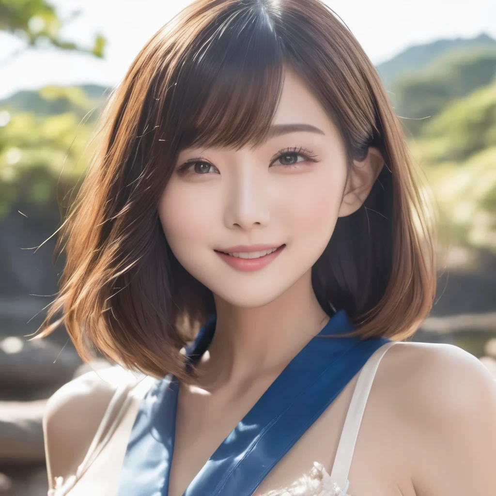 (masterpiece, Highest quality:1.2), One person, alone 2 Short Bob Fair skin cute Large Breasts lip Natural Color smile lover Sandy Beach Japanese model Dating Sexy kitten