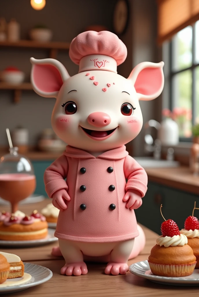 I need animal axolotl dressed as a pastry chef rose color and nomber the sweet memory, is a entreprenaut the bakery and catering but create 3 d imagen