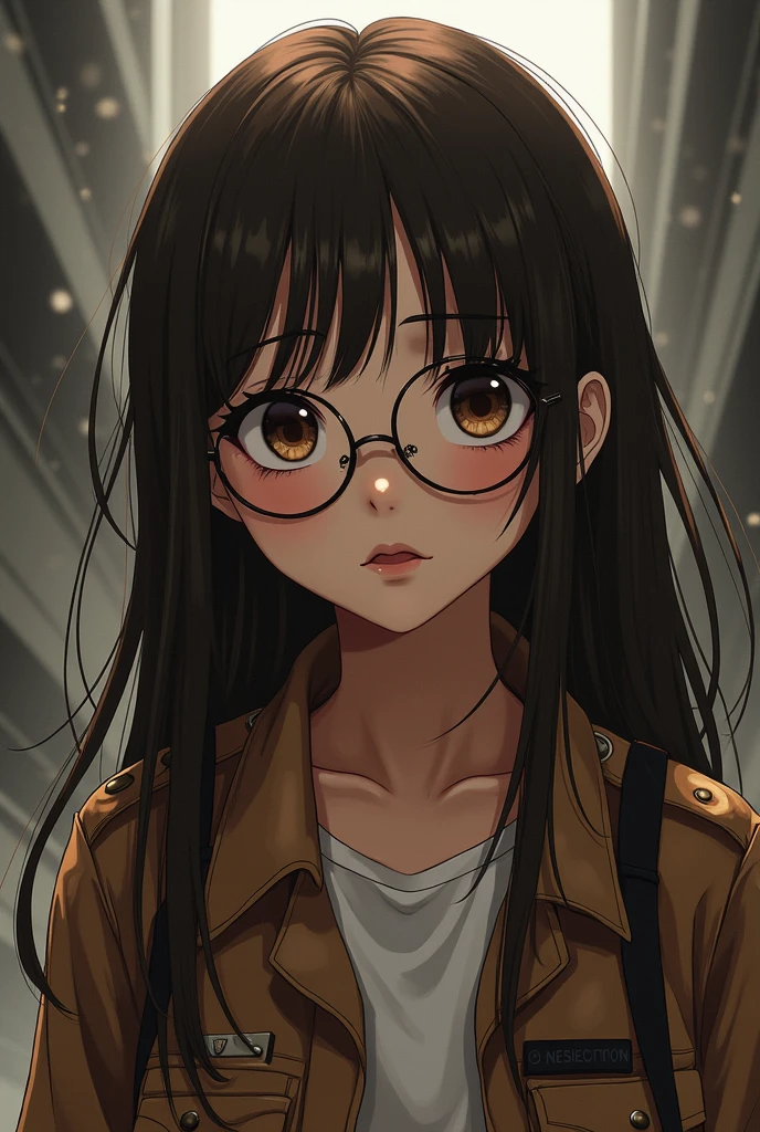 Create a girl with long straight brown hair with bangs and glasses with the drawing style of the Attack on Titan universe