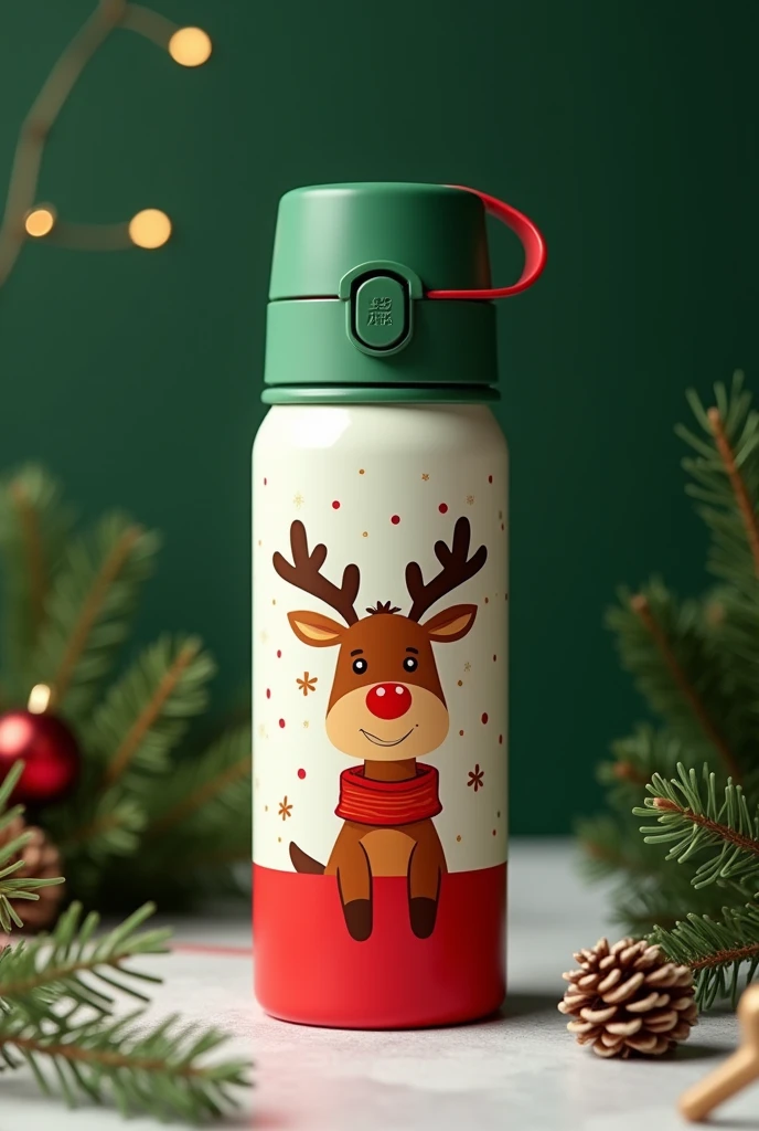 Packaging design for stainless steel thermos cup, Christmas themed, on it is a cute cartoon reindeer, green bottle cap, red bottom