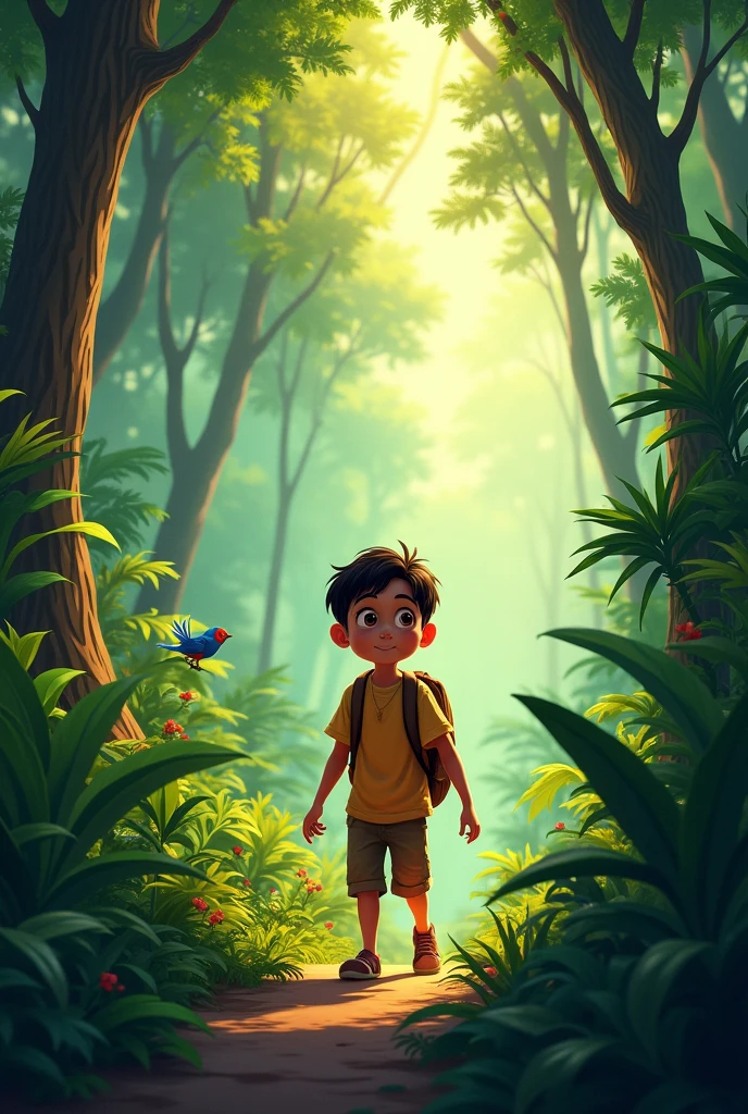 A young boy named Ali is walking through a dense, green jungle. The jungle is filled with tall trees, thick vegetation, and colorful birds flying around. Ali looks curious and adventurous as he explores the surroundings.