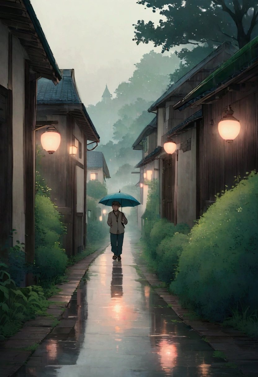 Chico Ghibli caminando bajo la lluvia en una calle tranquila: Ghibli-style boy, walking alone on a quiet village road, holding an umbrella, light rain falling on the lush greenery, soft pastel colors, warm glowing lights from nearby houses, gentle breeze, puddles reflecting the overcast sky, peaceful atmosphere.