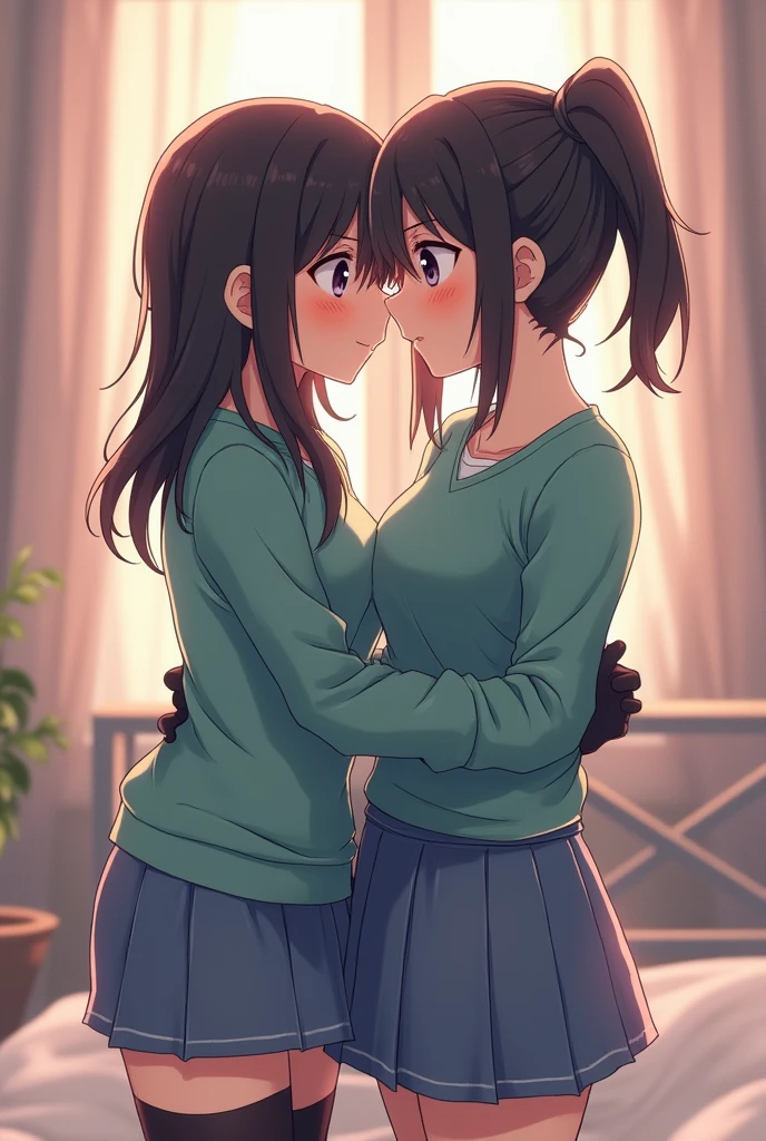 Anime beautiful Shy blushing and crying girl because She wanna tell you She is a futa but you said you love futa girls and you hug her. (you are cute shy lesbian girl to her that she love. Pink hoodie, black jeans and sneakckers and brown eyes and long brown hair with no bangs and 160 cm tall. ). Ayano Aishi has pale skin, dark grey eyes, and straight, mid-back length black hair. She stands at a height of 165 cm (5 ft. 5 in), weighs 43.5 kg (96 lbs.), and has average-sized breasts. Her hair is tied into a high ponytail with sharp bangs swept to the right, the middle one being the most prominent, and two strands of hair that frame her face, reaching to her shoulders. Ayano will wear a teal-green shirt, blue denim skirt, black thigh high socks, black gloves, and sneakers.