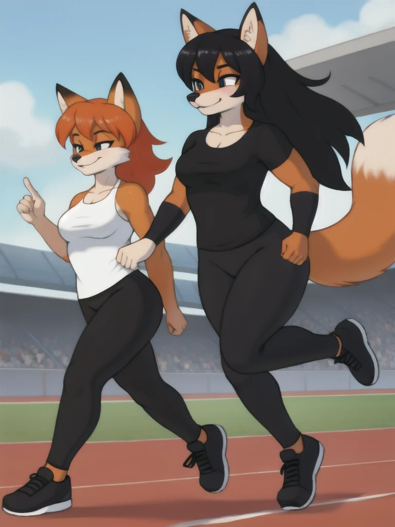 Furry, fox, female, black shirt, black leggings, shoes, running track, friends, full body