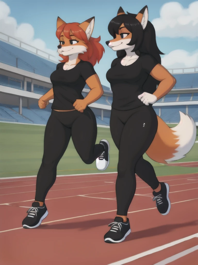 Furry, fox, female, black shirt, black leggings, shoes, running track, friends, full body