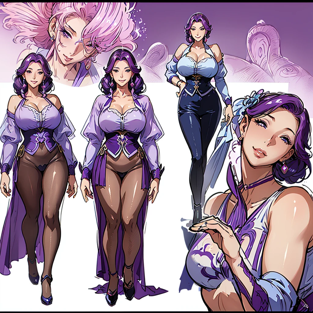 ((masterpiece)),(((Highest quality))),((Character design sheet)), ((rough sketch)), ((View the entire body:1.3)), ((Different angles:1.3 , forward, behind, beside)), pose too,
1 Mature Woman,
Bluish purple hair,
((Captivating smile)),
glamorous,
White T-shirt
(Simple Background), (Light background)
