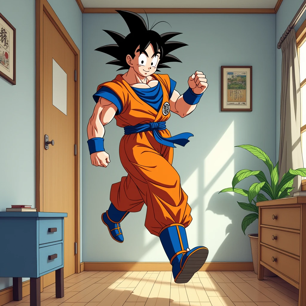 Draw Goku in his room walking on the wall 