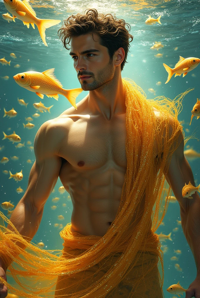 HQ drawing of a beautiful man with a golden net around his body underwater with golden fish.