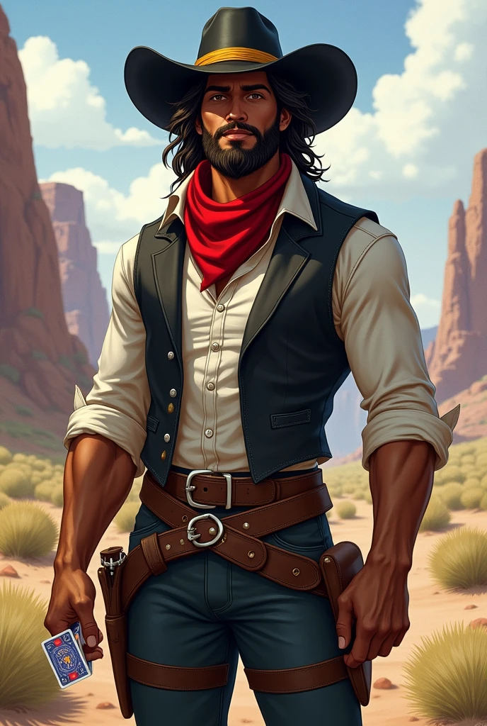 man, brown skin, brown hair., 
He has a long messy hairstyle,  with a white streak in his hair,
brown eyes, and a short, well-groomed beard. 
He has a normal physique, wears a black cowboy hat with a yellow band on it., 
He wears a black vest over a rolled-up white dress shirt, a red scarf around his neck, pants with a buckle, and boots with spurs. He is cheerful and well-liked, and he carries two decks of cards with him I would like it to be in a mature style, with the art in a fantasy and RPG style set in the Old West. in 1857