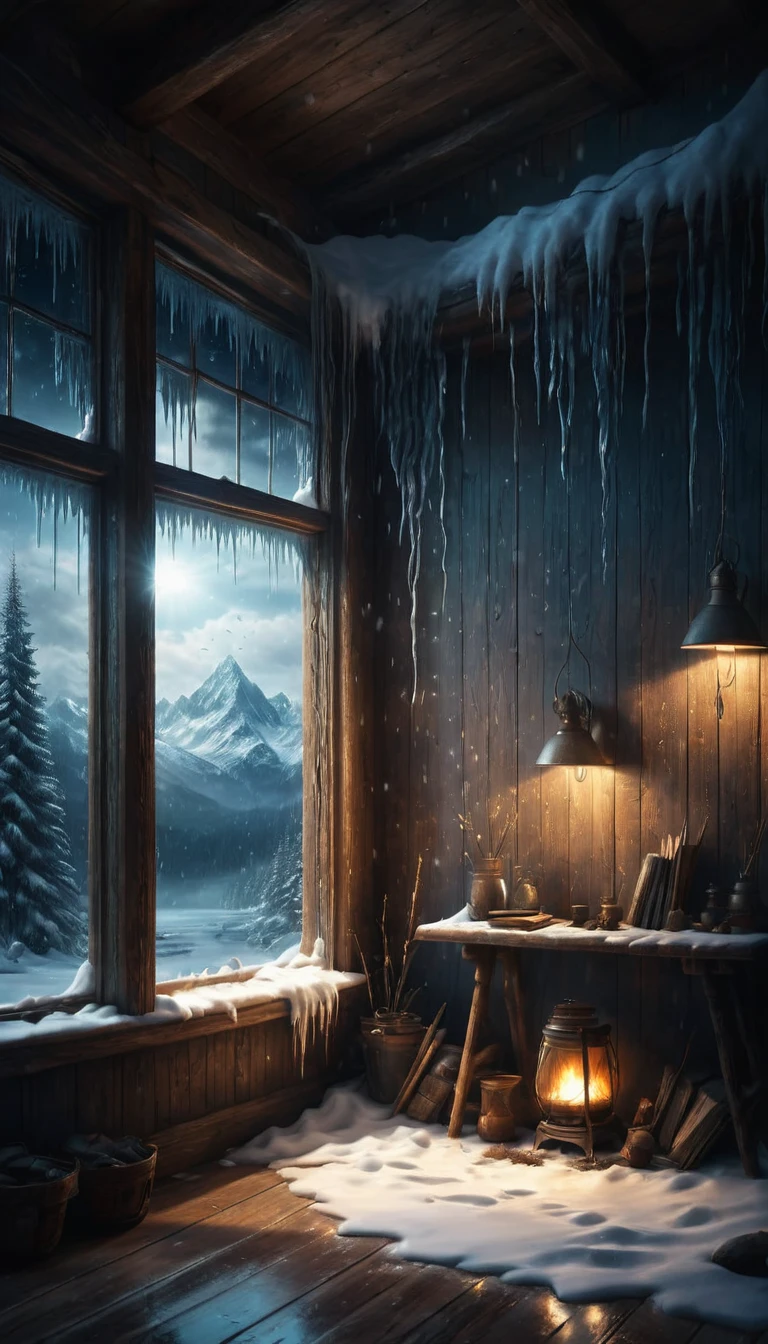 a snowy mountain cabin, Icicles, Cold, interior lighting, night, snowy wind, snowfall, dark Cold night, (best quality,4k,8k,highres,masterpiece:1.2),ultra-detailed,(realistic,Photorealistic,photo-realistic:1.37),Studio lighting,Extremely detailed,professional,vivid colors,Dramatic lighting,cinematic composition,(raw photo, Best Quality, masterpiece, Photorealistic, of the highest quality, Maximum image quality, High resolution, 8k, HD:1.2), vibrant,Ethereal lighting,sharp focus,ultra detailed,((Extremely detailed 8k unified CG wallpaper)), surreal and dreamlike textures,magical and mysterious essence, unexplored and undiscovered wonders,sculptural and abstract elements,transcendent composition, visual effects, Photorealistic, digital composition master class