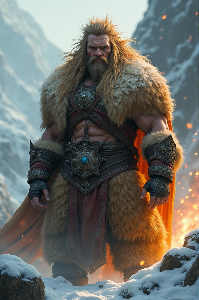 A Nordic warrior, that their clothes have lion skins or something similar, in orange and yellow tones