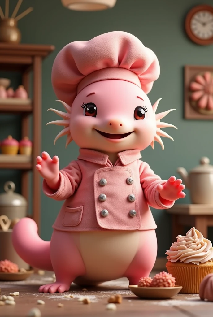  I need animal axolotl dressed as a pastry chef rose color and nomber the sweet memory, is a entreprenaut the bakery and catering but create 3 d imagen 