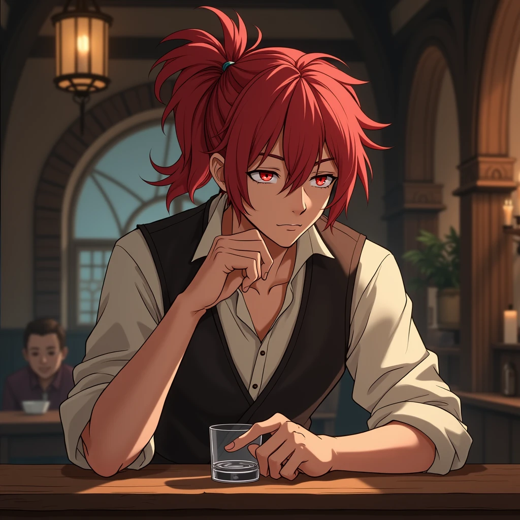 Make an anime character, 20 year old man, white skin, red hair, messy hair, ponytail hair, voluminous hair, long hair, red eyes, Diluc character from genshin impact, white medieval shirt, leather medieval vest, cleaning a glass cup wooden counter, bartender, tavern scene, closed eyes, one person alone in first plan.