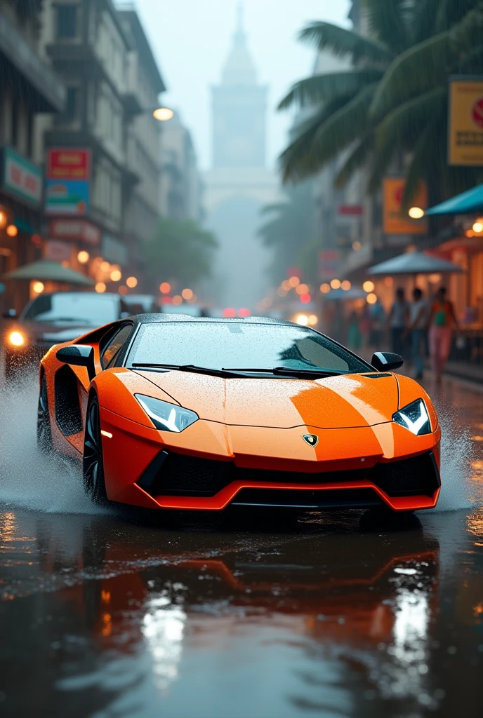 Lamborghini in Mumbai India with rain