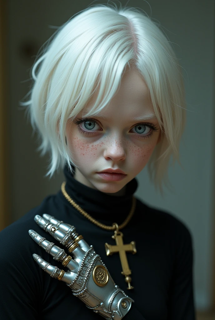 Middle-aged albino teenager with a sarcastic look and white hair violet eyes soft freckles, you came in black with a cross necklace and a mechanical hand with steampunk technology