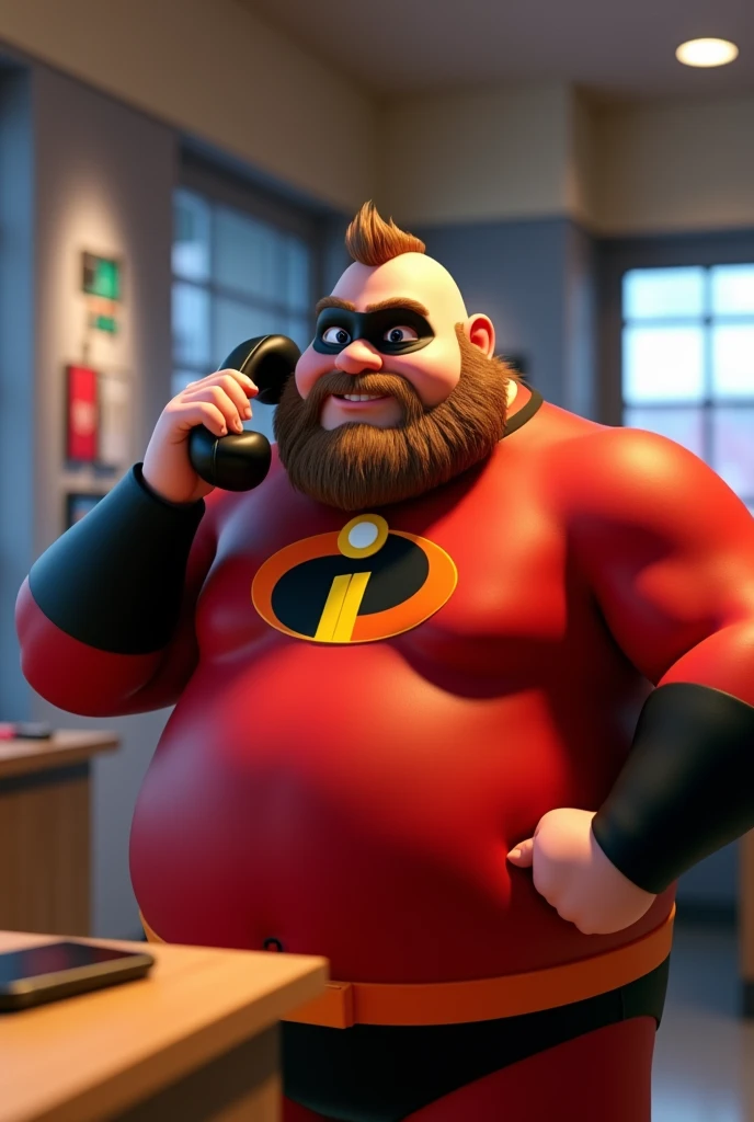 fat man, stark, Cao Cao, bald hair, calvo　Chubby Beard　answering the phone Store manager dressed as The Incredibles 　Arms are thick 3D character rendering, cartoon character, Character from The Incredibles, character posing, (Pixar-style) (best qualityer) (skin detailed) (detailed texture) (8k) (Argilla) (cinematic lighting) (sharp focus