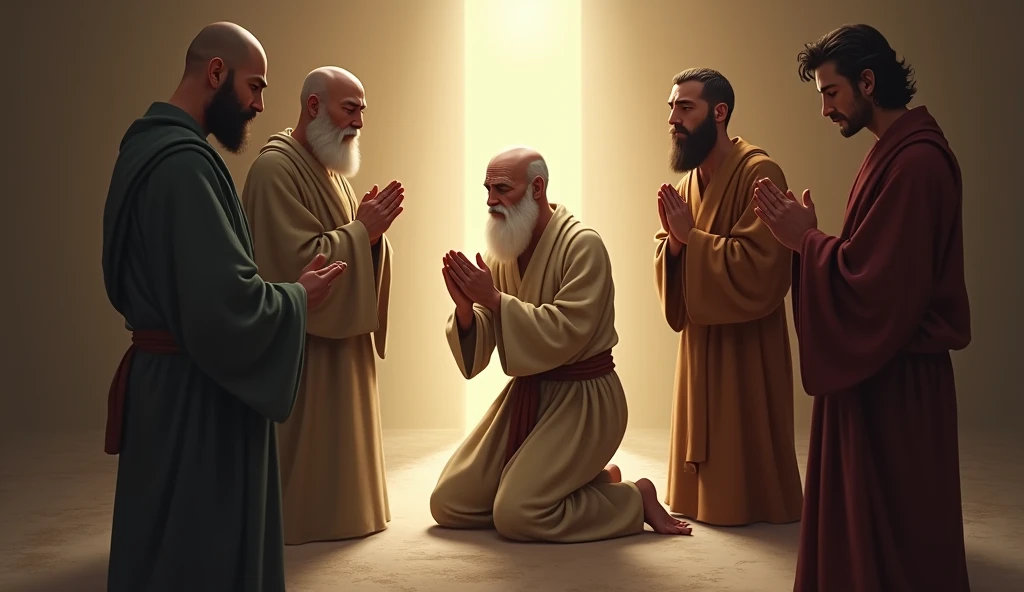 "Create an image of Job in prayer, kneeling with hands raised or clasped, while praying for his three friends, Eliphaz, Formed by Zofar, who are standing around you, with expressions of humility and repentance. The scenery is simple and peaceful, with a soft light illuminating Job, symbolizing God's grace and forgiveness."
" man with shaved head and white beard