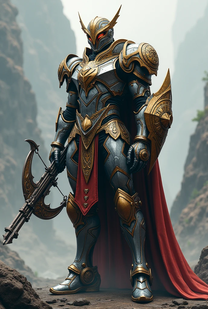 Create anime armor, with a similar appearance somewhat to kamen rider saber, ou kamen rider zero one, and also knights of the zodiac, an armor similar to these, and with a crossbow in his hand and a shield on his back