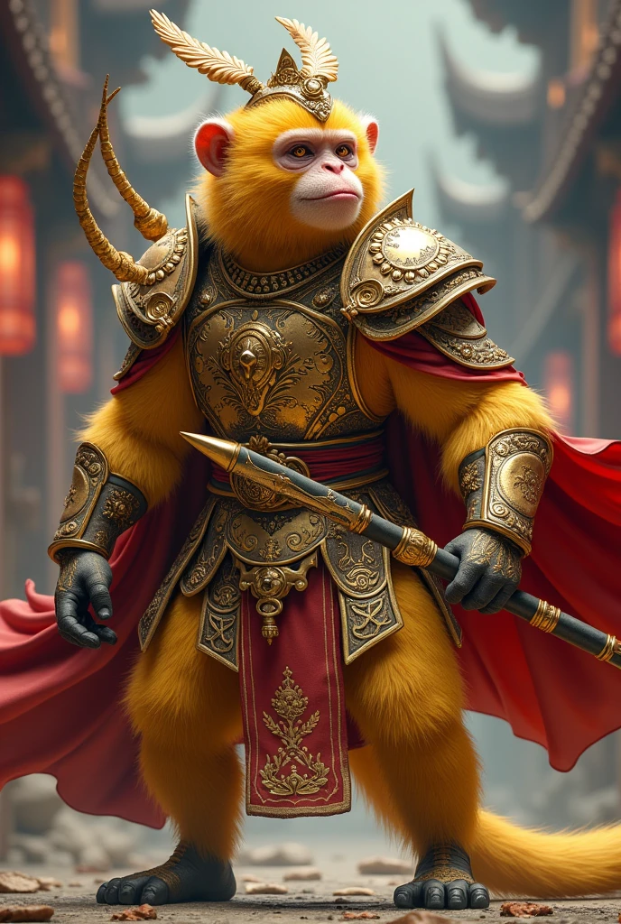 Monkey man, yellow fur, in golden and brown full-body dynasty armor, two antenna-like plumes headdress, wielding a long metal bo stick with gold on two edges, red flowing cape, dynamic pose, fantasy vibe,