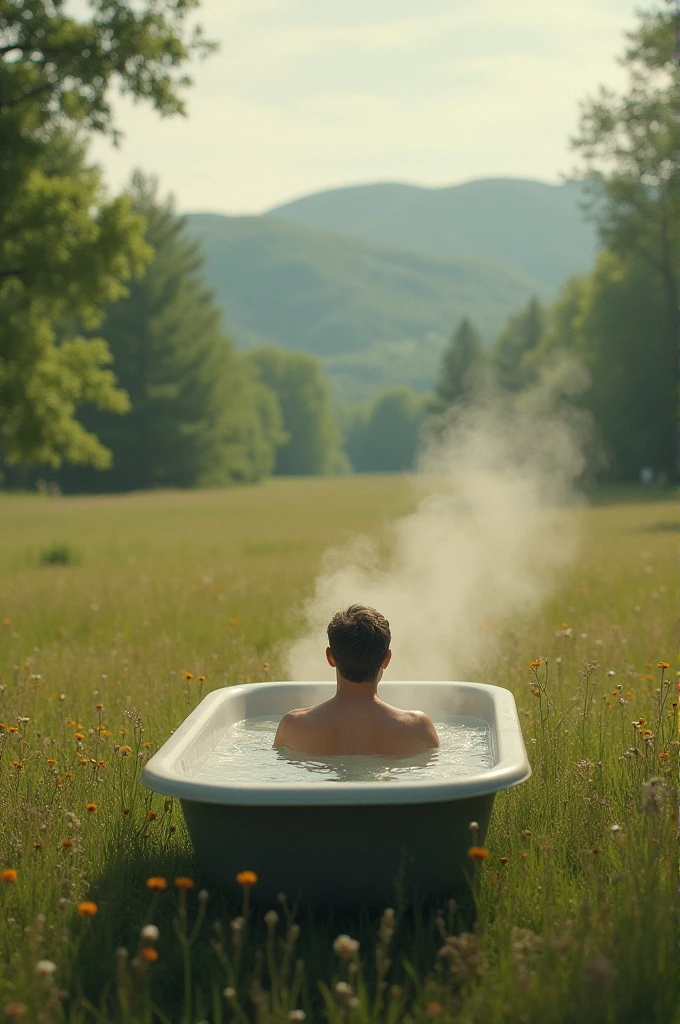 A man was taking a bath in the open field