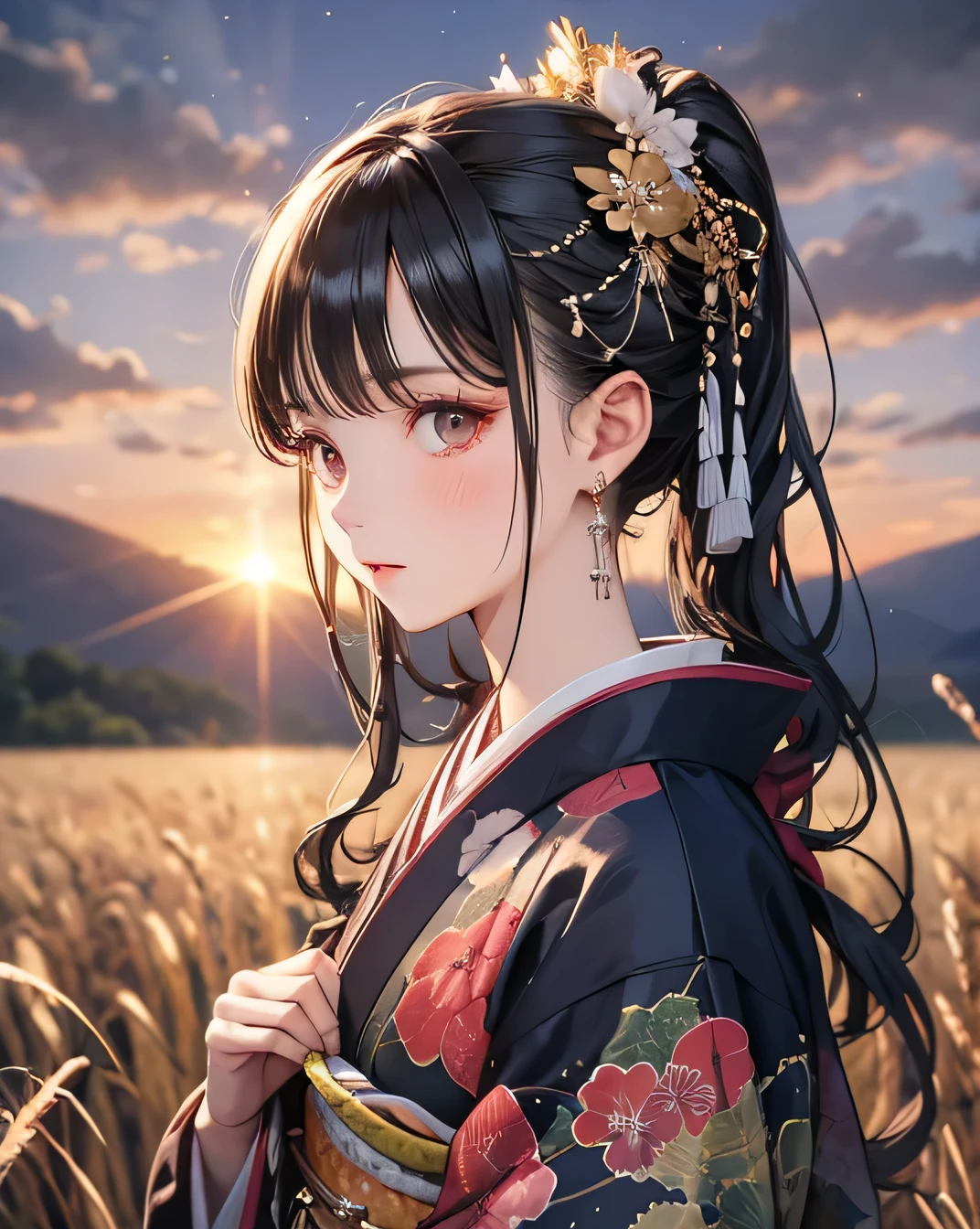 Highest quality, masterpiece, (Beautifully detailed face), (Beautiful attention to detail), One beautiful woman, A girl in a kimono stands expressionless in a wheat field up to her waist, Black kimono with gold rimming, her hair is tied in a ponytail, Yellow Eyes, The sunset in her eyes, The light hits her face, Half landscape orientation to the camera