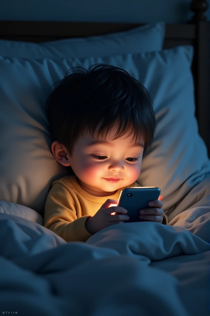 Child lying in bed covered looking at his cell phone