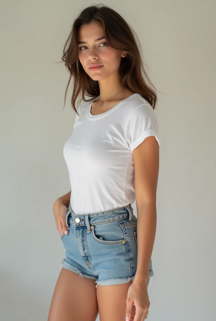 Cute model with fine thighs, wearing fitted t shirt