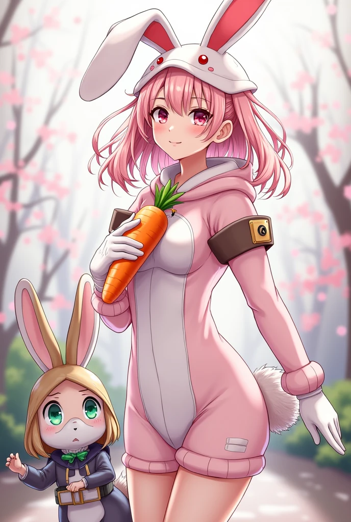 Who has a cosplay bunny costume and and around him Hear flowers and be looking at the camera that looks good your body that looks good pictures of crona 2.5D Anime realisti