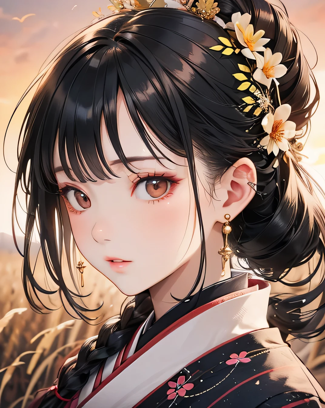 Highest quality, masterpiece, (Beautifully detailed face), (Beautiful attention to detail), One beautiful woman, A girl in a kimono stands expressionless in a wheat field up to her waist, Black kimono with gold rimming, her hair is tied in a ponytail, Yellow Eyes, The sunset in her eyes, The light hits her face, Half landscape orientation to the camera