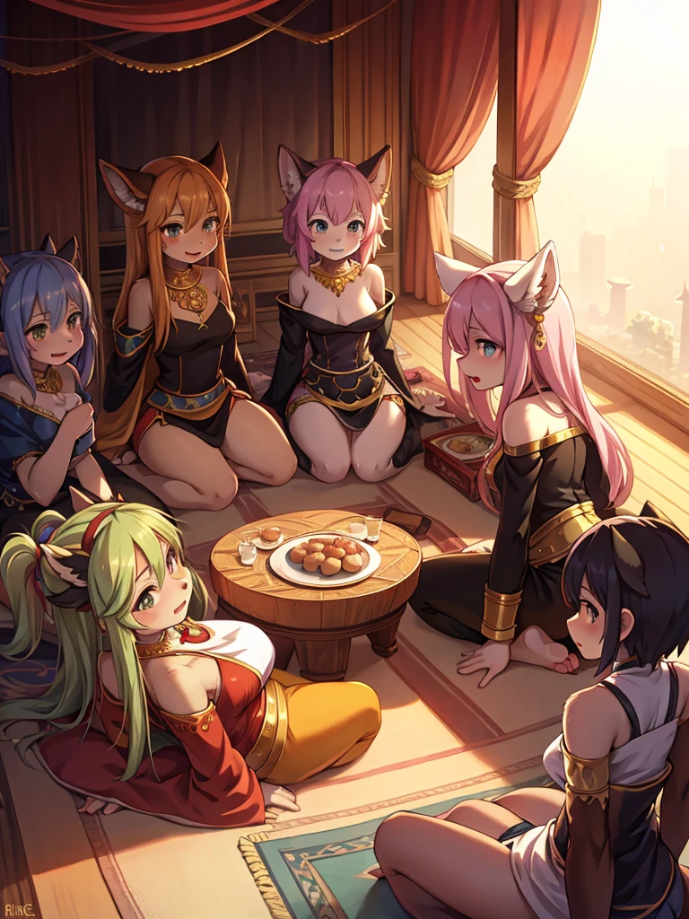 Another world reincarnation anime, (harem) , clothed , A lazy afternoon