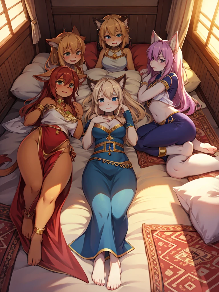 Another world reincarnation anime, (harem) , clothed , A lazy afternoon