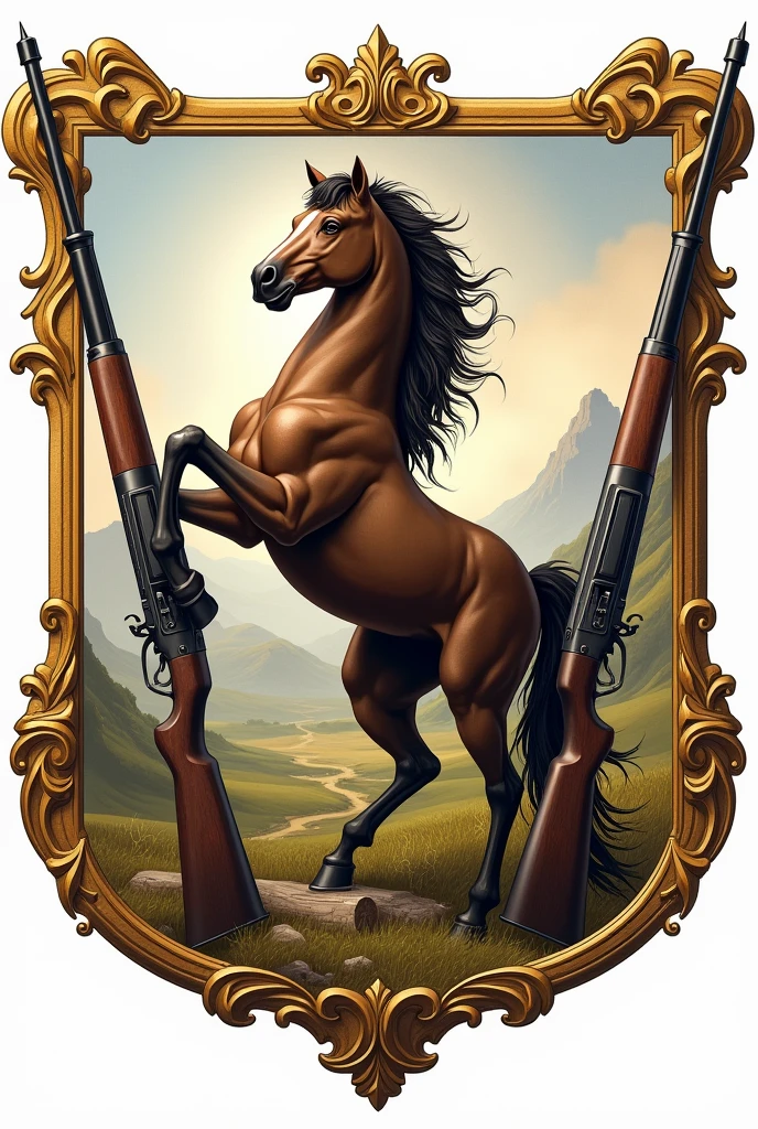 Make me a coat of arms with a horse and rifles It's for a fictional country Make it illustrated Pure the shield