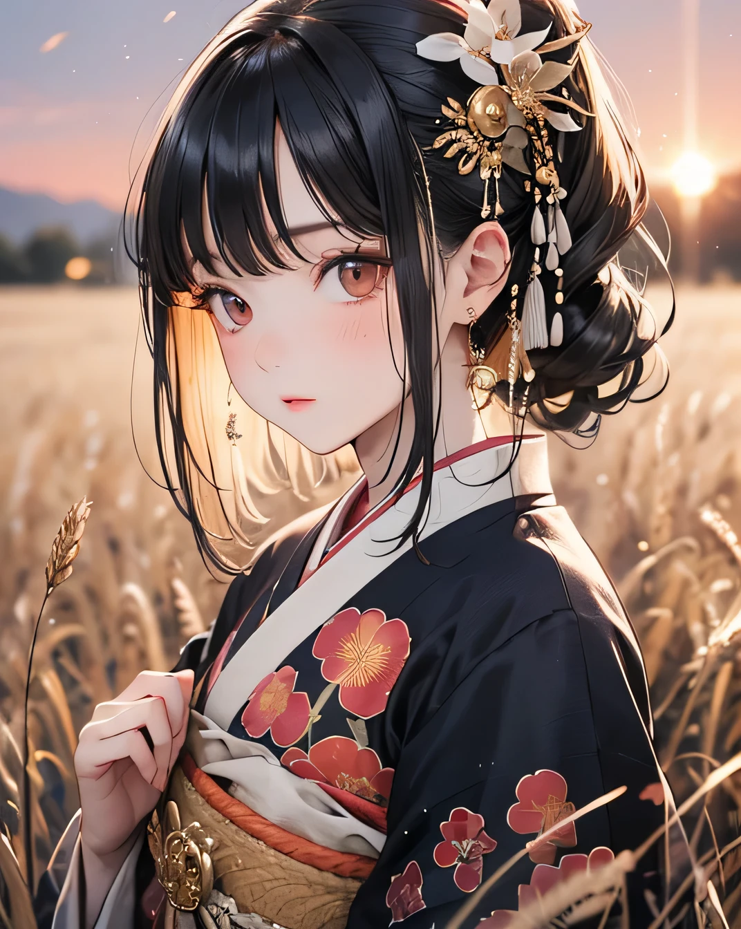 Highest quality, masterpiece, (Beautifully detailed face), (Beautiful attention to detail), One beautiful woman, A girl in a kimono stands expressionless in a wheat field up to her waist, Black kimono with gold rimming, her hair is tied in a ponytail, Yellow Eyes, The sunset in her eyes, The light hits her face, Half landscape orientation to the camera