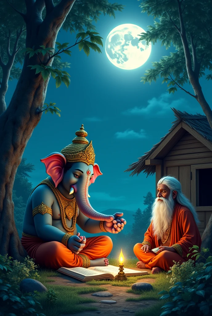 One man (lord Ganesha) with elephant head writing books in front of one old bramhina pandit with white beard ,in the middle of forest at night time full moon ,The elephant head man writing books with elephant teeth books under the lamp light besides a wooden house