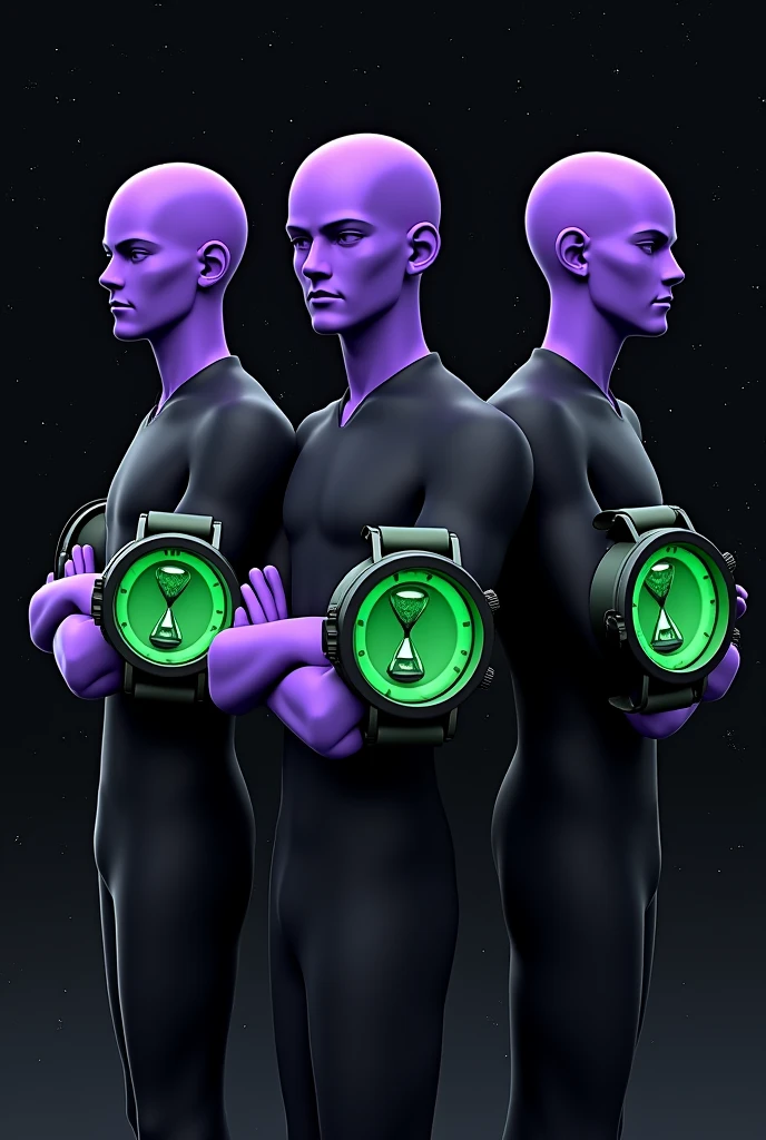 Please make 3 identical men side by side, They all have purple skin and wear basic black clothes, and each one also has on their right arm a large, round green watch with black details and a green hourglass in the center of the watch.. starry background